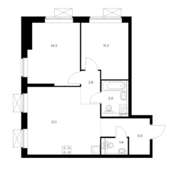 ЖК «Ютаново», планировка 2-комнатной квартиры, 60.70 м²