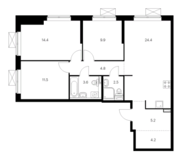 ЖК «Ютаново», планировка 3-комнатной квартиры, 80.50 м²