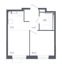 ЖК «Пятницкие Луга», планировка 2-комнатной квартиры, 33.68 м²