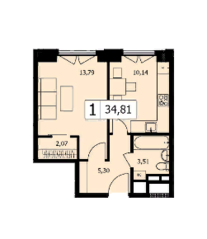 ЖК «TWICE», планировка 1-комнатной квартиры, 34.80 м²