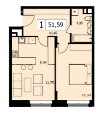 ЖК «TWICE», планировка 1-комнатной квартиры, 50.90 м²