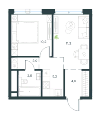 ЖК «Level Селигерская», планировка 2-комнатной квартиры, 36.10 м²
