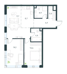 ЖК «Level Селигерская», планировка 3-комнатной квартиры, 72.20 м²