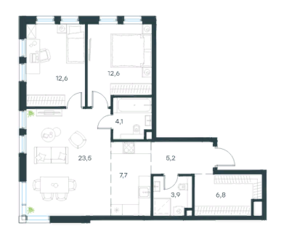 ЖК «Level Селигерская», планировка 3-комнатной квартиры, 76.50 м²