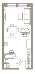 Апарт-отель «Поклонная, 7», планировка 1-комнатной квартиры, 32.36 м²