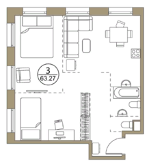 Апарт-отель «Поклонная, 7», планировка 2-комнатной квартиры, 63.31 м²