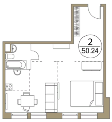 Апарт-отель «Поклонная, 7», планировка 2-комнатной квартиры, 50.24 м²