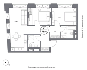 МФК Клубный дом «Космо 4/22», планировка 2-комнатной квартиры, 74.91 м²