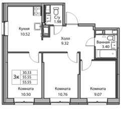 ЖК «Юнтолово», планировка 3-комнатной квартиры, 55.55 м²