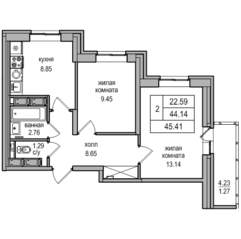 ЖК «Северная долина», планировка 2-комнатной квартиры, 45.41 м²