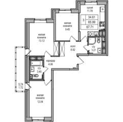 ЖК «Северная долина», планировка 3-комнатной квартиры, 67.71 м²