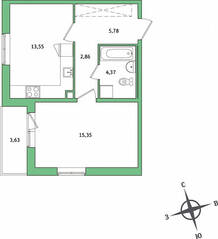 ЖК «IQ Гатчина», планировка 1-комнатной квартиры, 43.73 м²