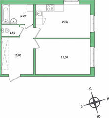 ЖК «IQ Гатчина», планировка 1-комнатной квартиры, 47.61 м²