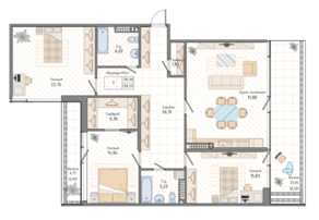 ЖК «Мануфактура James Beck», планировка 3-комнатной квартиры, 139.23 м²