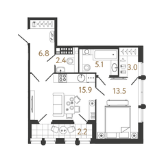 ЖК «Миръ», планировка 1-комнатной квартиры, 46.70 м²