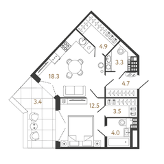 ЖК «Миръ», планировка 1-комнатной квартиры, 51.20 м²