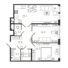 ЖК «Миръ», планировка 2-комнатной квартиры, 76.70 м²