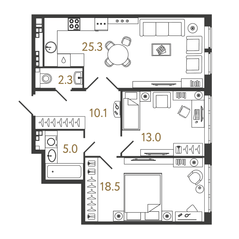 ЖК «Миръ», планировка 2-комнатной квартиры, 74.20 м²