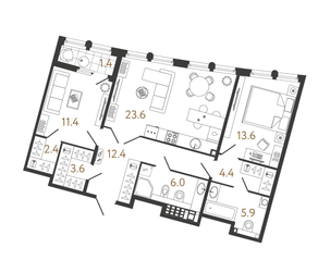 ЖК «Миръ», планировка 2-комнатной квартиры, 83.30 м²