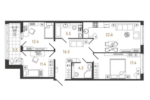 ЖК «Миръ», планировка 3-комнатной квартиры, 90.10 м²