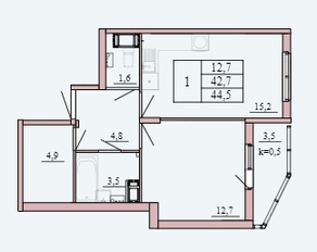ЖК «Tre Kronor», планировка 1-комнатной квартиры, 44.50 м²