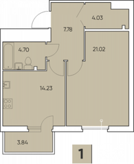ЖК «Tesoro», планировка 1-комнатной квартиры, 52.82 м²
