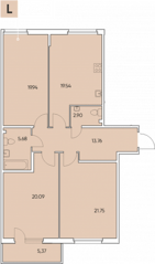 ЖК «Tesoro», планировка 4-комнатной квартиры, 105.27 м²