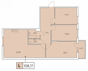 ЖК «Tesoro», планировка 4-комнатной квартиры, 108.17 м²