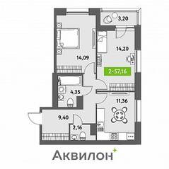 ЖК «Аквилон Leaves», планировка 2-комнатной квартиры, 57.16 м²