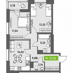 ЖК «Аквилон Leaves», планировка 3-комнатной квартиры, 57.05 м²