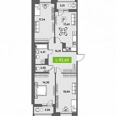 ЖК «Аквилон Leaves», планировка 4-комнатной квартиры, 92.60 м²
