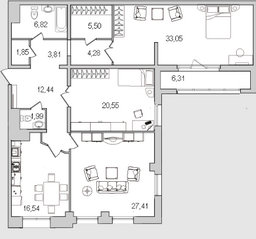 ЖК «Граф Орлов», планировка 3-комнатной квартиры, 140.00 м²