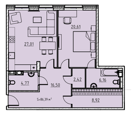 ЖК «Manhattan», планировка 1-комнатной квартиры, 86.00 м²