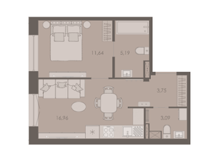 ЖК «Северная Корона (ПСК)», планировка 1-комнатной квартиры, 40.63 м²