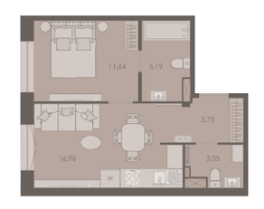ЖК «Северная Корона (ПСК)», планировка 1-комнатной квартиры, 40.55 м²