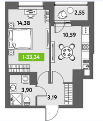 ЖК «Аквилон Leaves», планировка 1-комнатной квартиры, 33.34 м²