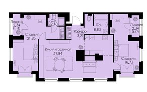 ЖК «ID Park Pobedy», планировка 2-комнатной квартиры, 91.08 м²