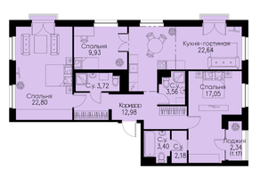 ЖК «ID Park Pobedy», планировка 3-комнатной квартиры, 99.43 м²