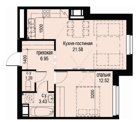 ЖК «ID Moskovskiy», планировка 1-комнатной квартиры, 45.87 м²