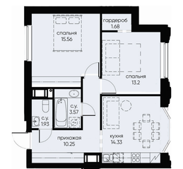 ЖК «ID Moskovskiy», планировка 2-комнатной квартиры, 60.52 м²