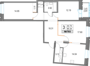 ЖК «Приморский квартал», планировка 3-комнатной квартиры, 85.24 м²
