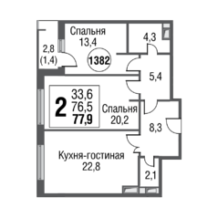 ЖК «Silver», планировка 2-комнатной квартиры, 77.80 м²
