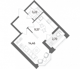 ЖК «Новое Купчино», планировка 1-комнатной квартиры, 33.60 м²