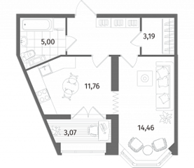 ЖК «Новое Купчино», планировка 1-комнатной квартиры, 43.20 м²