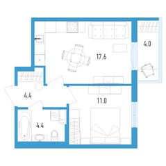 ЖК «Аэросити», планировка 1-комнатной квартиры, 38.60 м²