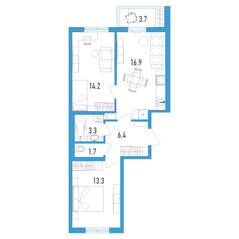 ЖК «Аэросити», планировка 2-комнатной квартиры, 57.70 м²
