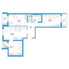 ЖК «Аэросити», планировка 3-комнатной квартиры, 76.50 м²