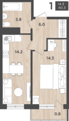 МЖК «Новокасимово», планировка 1-комнатной квартиры, 40.30 м²