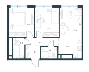 ЖК «Level Селигерская», планировка 3-комнатной квартиры, 54.70 м²