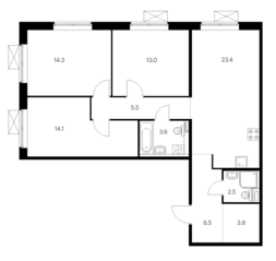 ЖК «Ильинские луга», планировка 3-комнатной квартиры, 86.70 м²